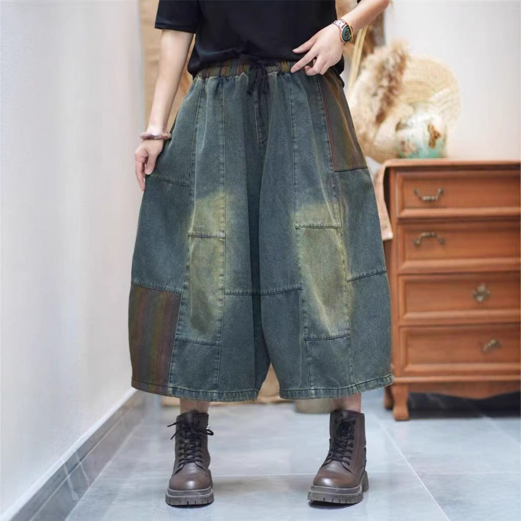 Vintage Washed Slimming Denim Trousers for Women - Loose Fit Straight Leg Three-Quarter Pants