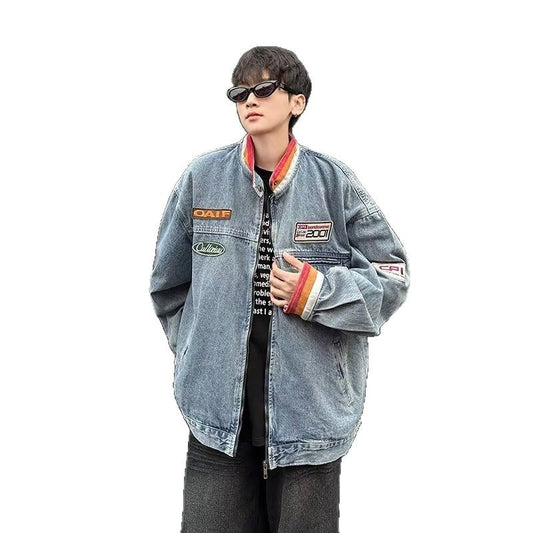 Vintage Stand Up Collar Couple Denim Jacket for Men