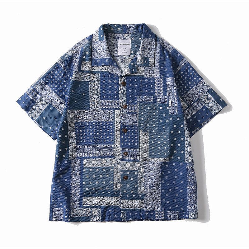 Retro Bandana Print Indian Ethnic Style Cuban Collar Shirt for Men