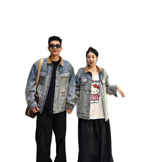 Casual Vintage Stitched Denim Jacket with Flip Collar for Men and Women