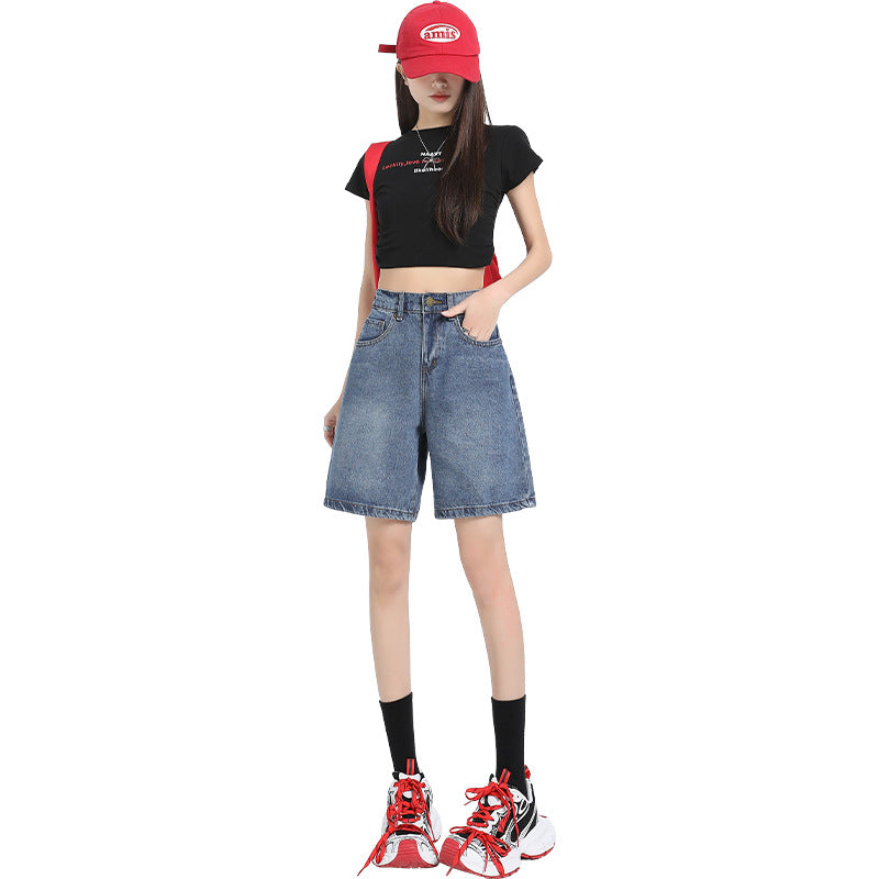 Women's Straight-Cut Mid-Length Denim Shorts with Elastic Waistband