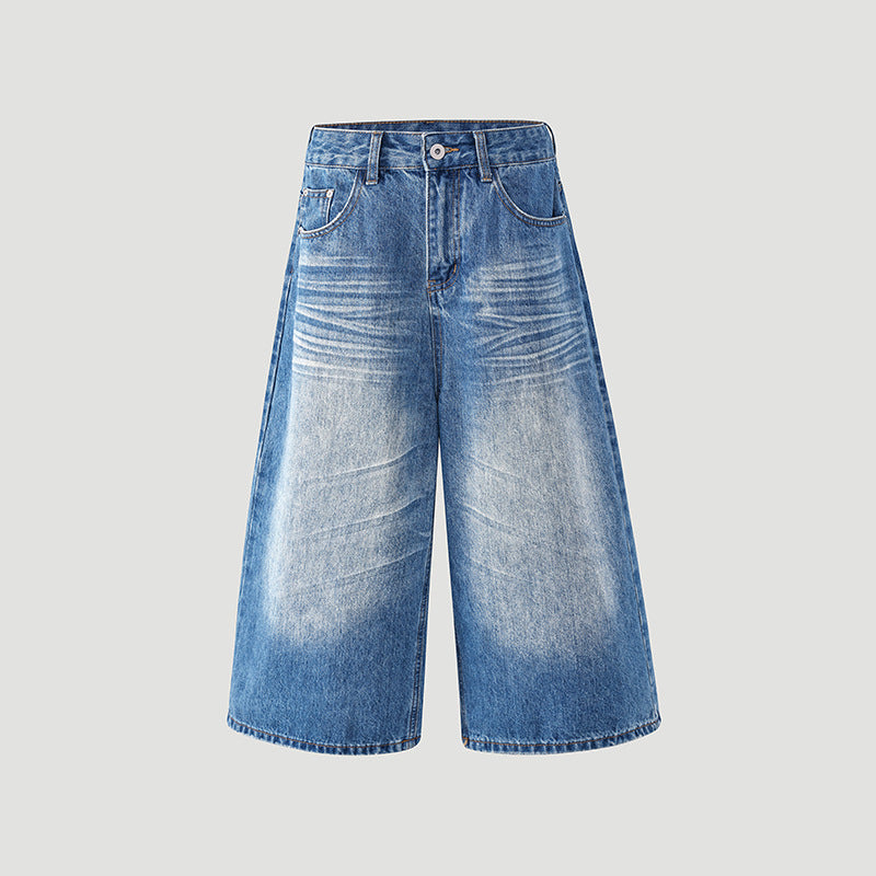 Design Creased 7/8 Length Jeans for Women - Summer Loose Wide-Leg Casual Pants