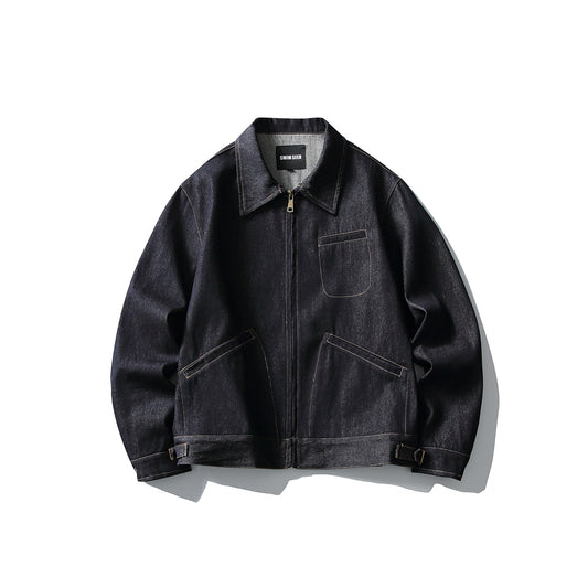 Short Denim Jacket for Men with Topstitching Turn-down Collar