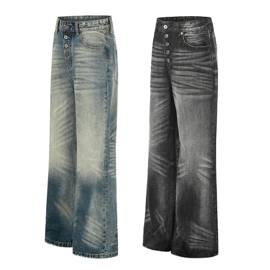 Washed Gradient Denim Pants — Mid Rise Straight Leg Jeans