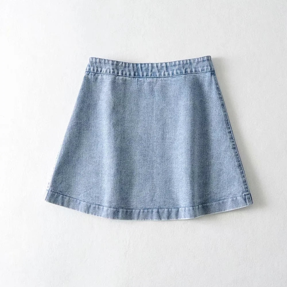 Women's Light Blue High-Waisted Denim Skirt with Side Zipper