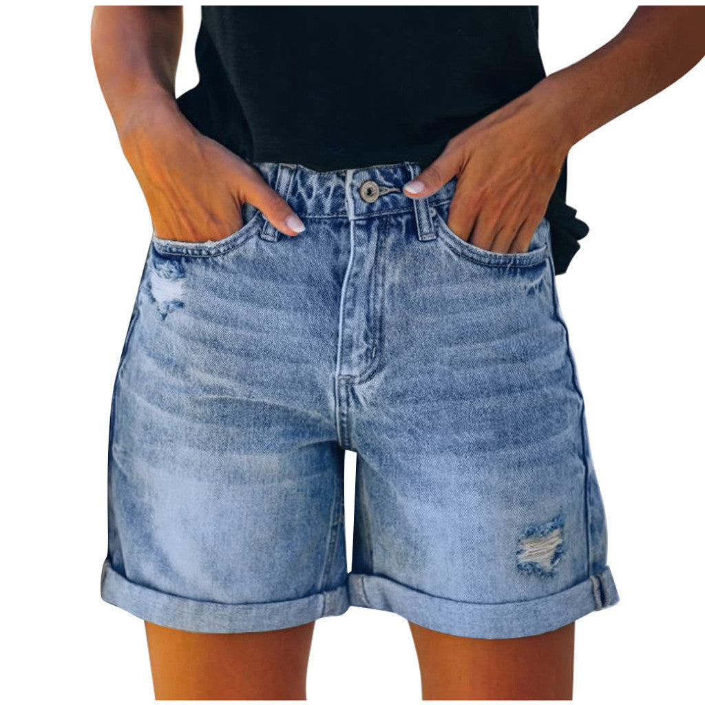 High-Waisted Fringed Distressed Denim Shorts for Women