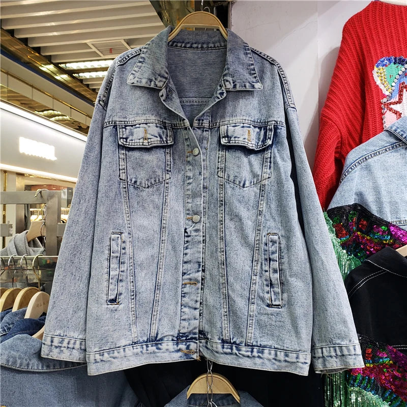 Women's Denim Jacket - Streetwear Loose Fit Graffiti Jeans Coat with Pockets