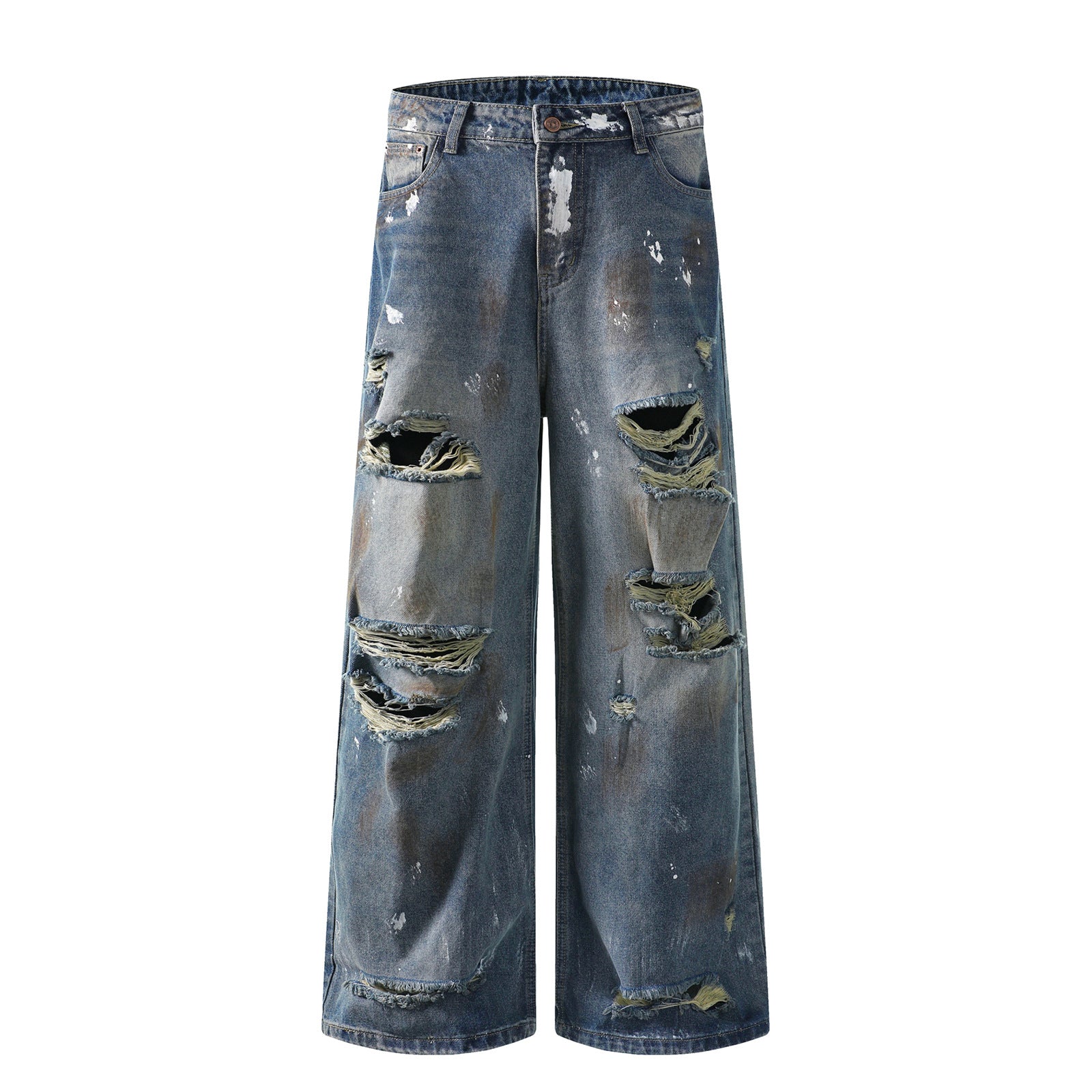 Streetwear Washed Distressed Mud-Dyed Denim Pants - Unisex Loose Casual Trousers