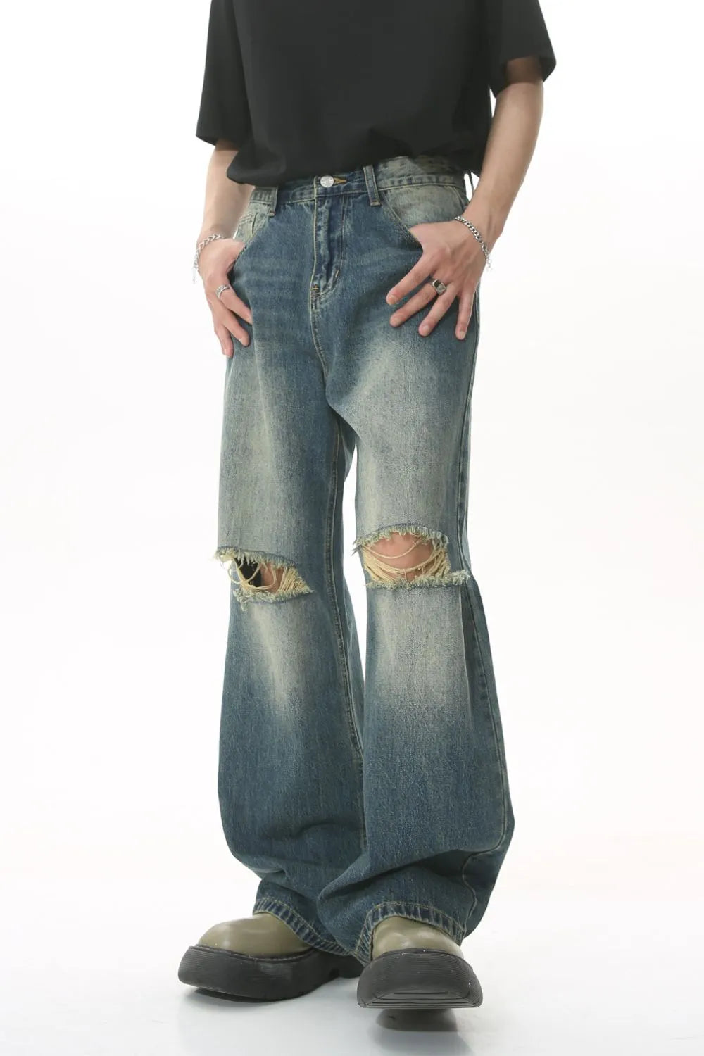 Distressed Wide Leg Men's Jeans - Premium Japanese Denim