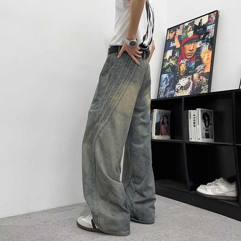 Retro Washed Straight Leg Denim Curved Knife Wide Leg Pants