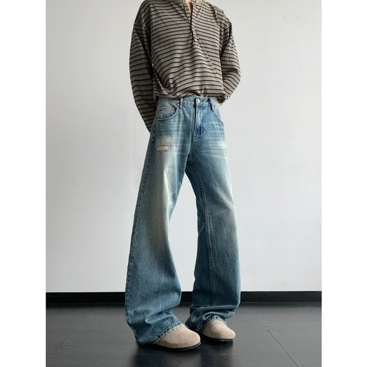 Light Blue Men's Cat Whisker Washed Wide Leg Casual Pants
