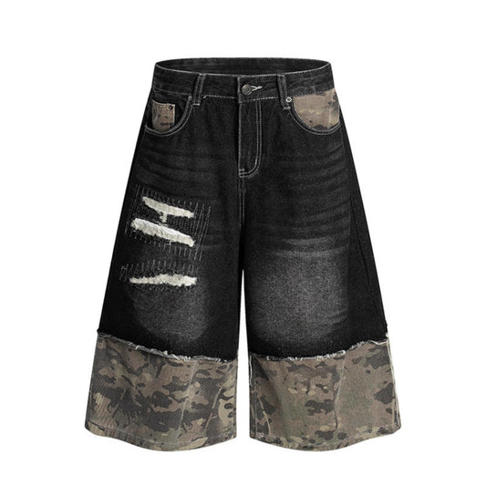 Camouflage Patchwork Denim Shorts for Modern Streetwear