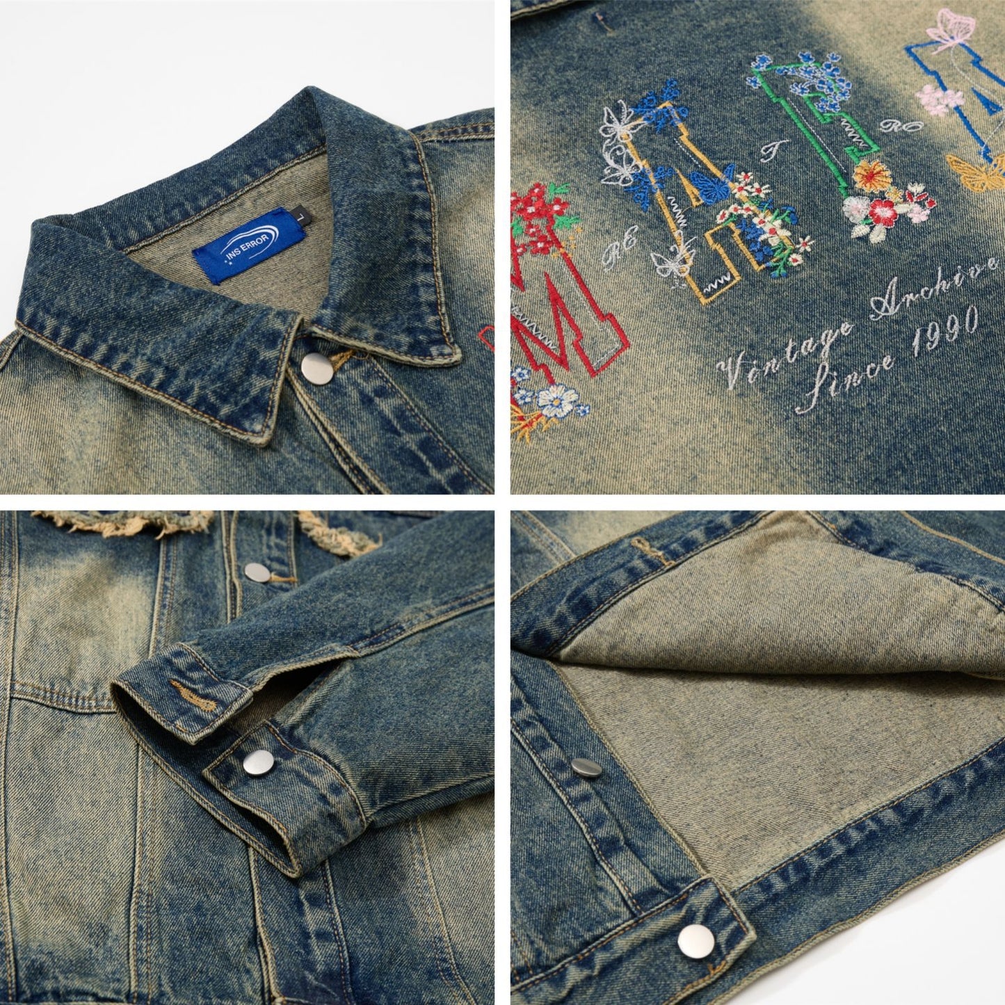 Style Washed Denim Jacket with Colorful Letter Embroidery