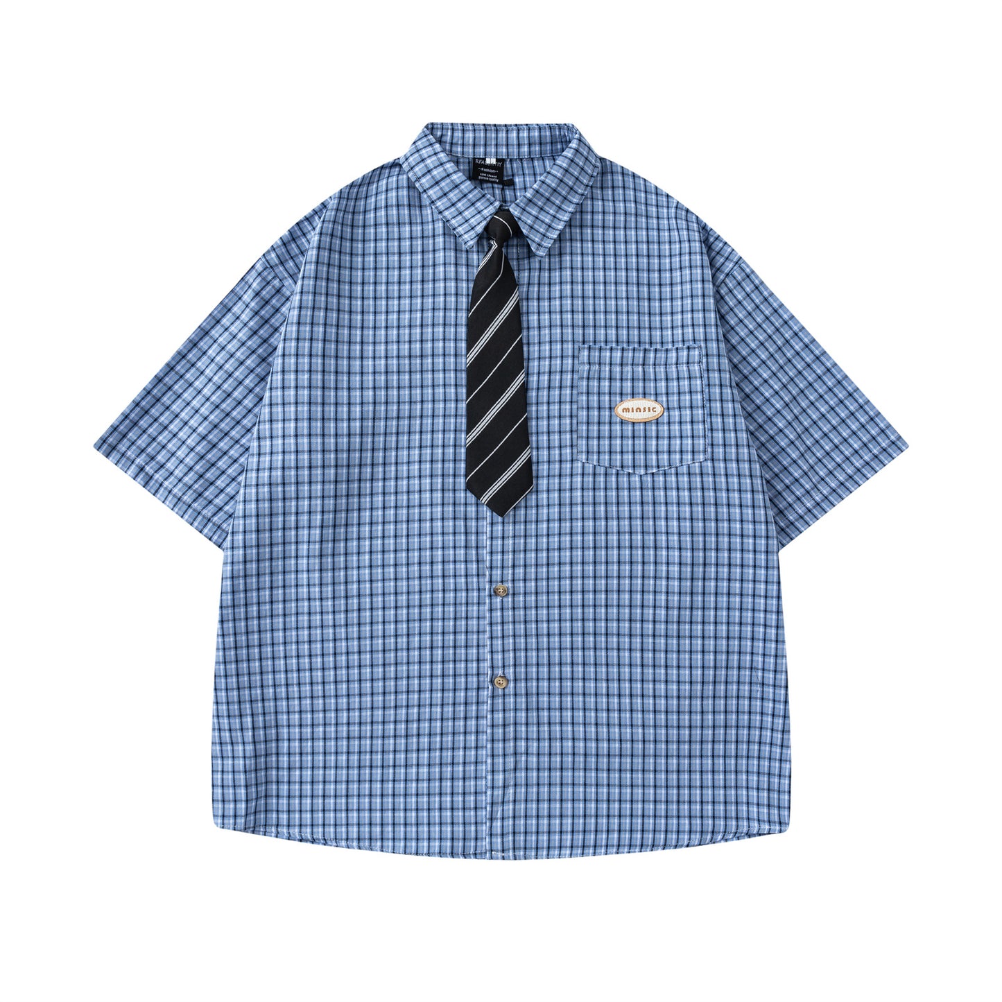 Retro Plaid Tie Collar Short Sleeve Shirt for Men and Women