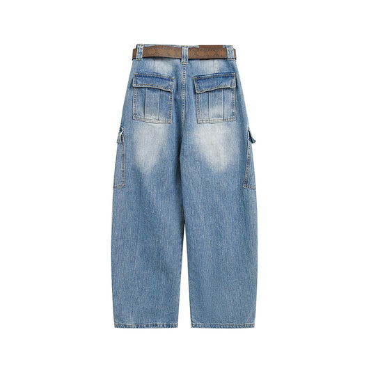 Multi-Pocket Loose Straight Leg Wide Leg Washed Cargo Denim Pants