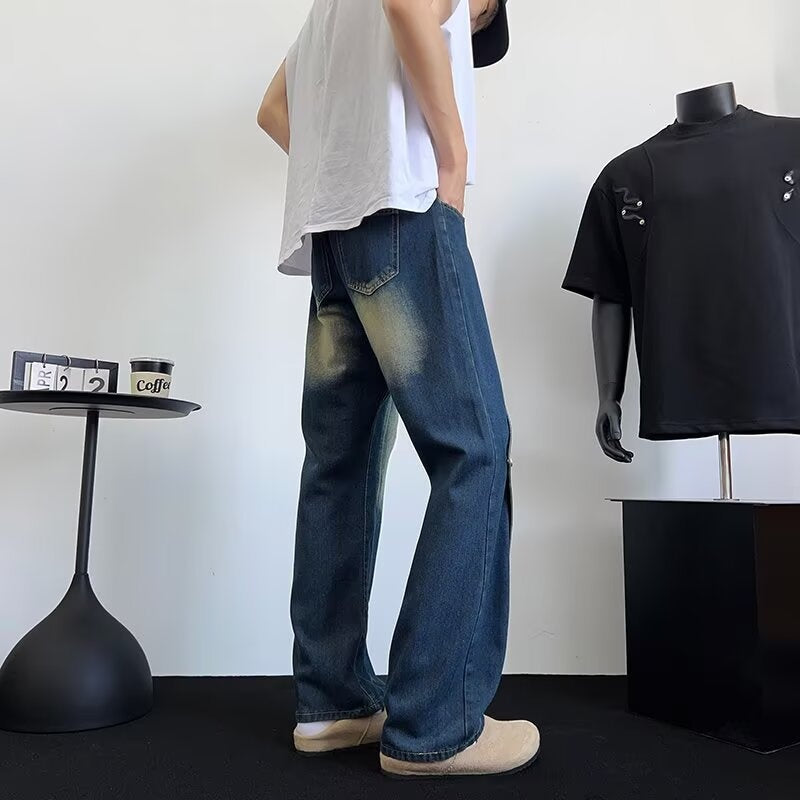 Small Niche Patchwork Design Washed Loose Wide Leg Pants