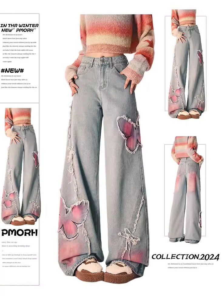 Washed Distressed Wide Leg Pants with Butterfly Pattern