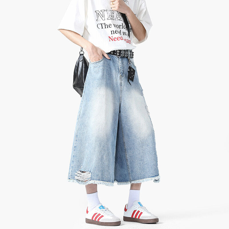 Light Blue Washed Ripped Denim Seven-Inch Loose Pants