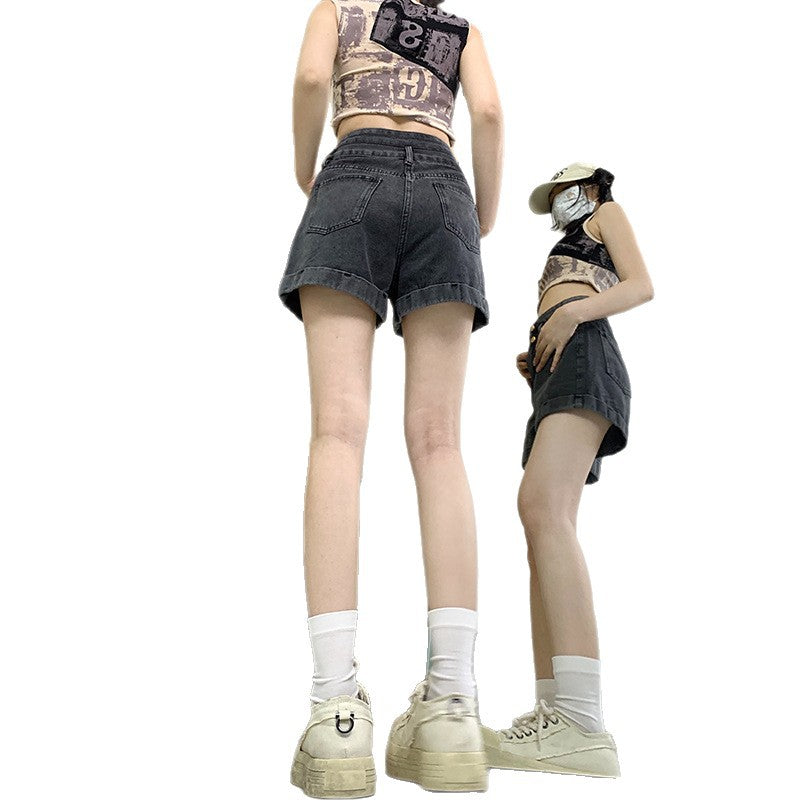 Casual Cuffed Wide Leg Denim Shorts for Women