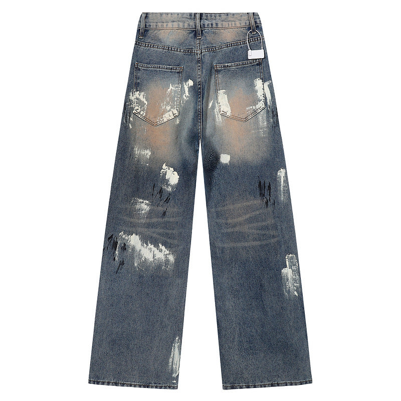 Graffiti Color-Blocking Denim Pants - Men's Loose Straight Leg Trousers