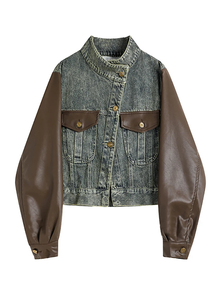Asymmetric Denim Biker Jacket for Women with Patchwork and PU Leather