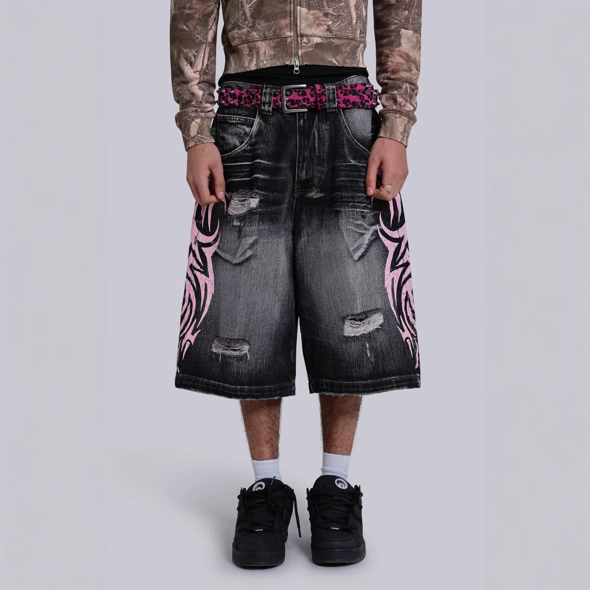 High Street Denim Shorts - Jaded Same Style Totem Print Ripped Wide Leg Pants