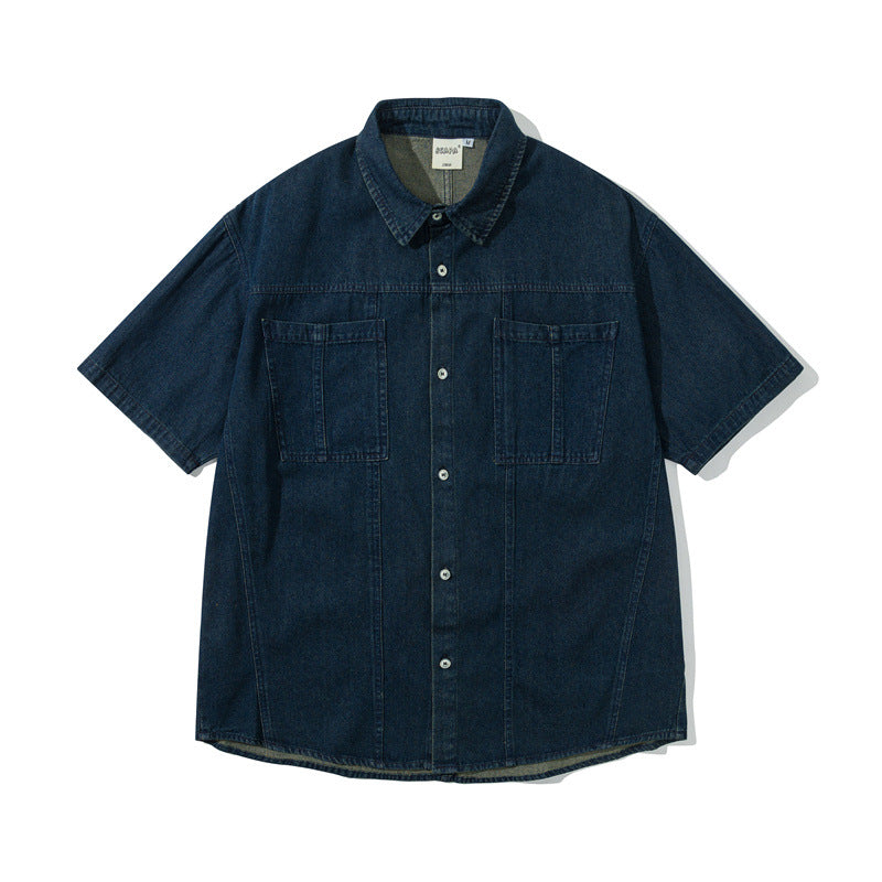 Vintage Washed Casual Denim Shirt for Men with Short Sleeves