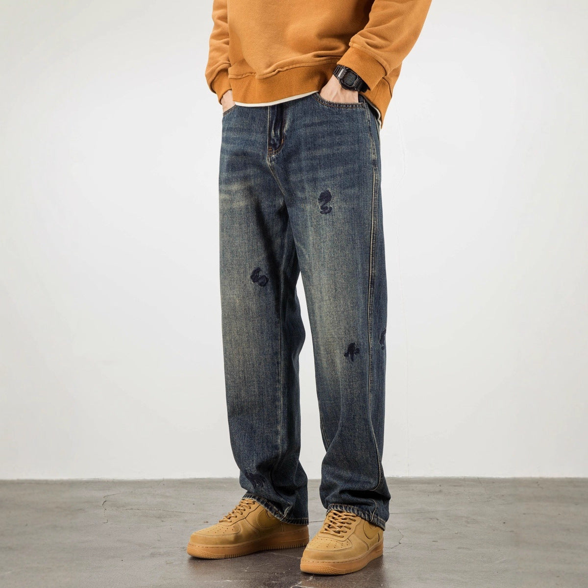 Embroidered Denim Pants for Men and Women - Straight Loose Casual Vintage Style Thickened