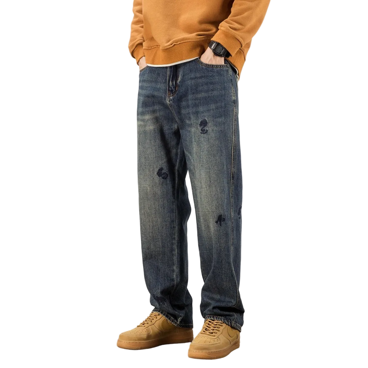 Embroidered Denim Pants - Straight Loose Casual Vintage Style Thickened