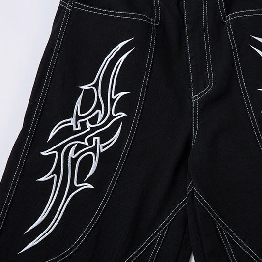 Wide Leg Long Pants with Thorns Embroidery - Unisex  Denim