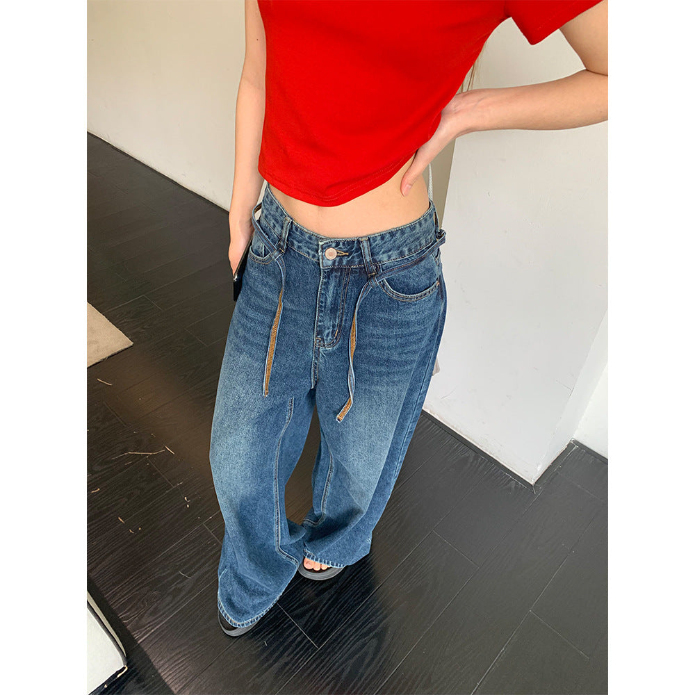 Adjustable Drawstring Wide Leg Denim Pants for Women - Casual Loose Fit Trousers