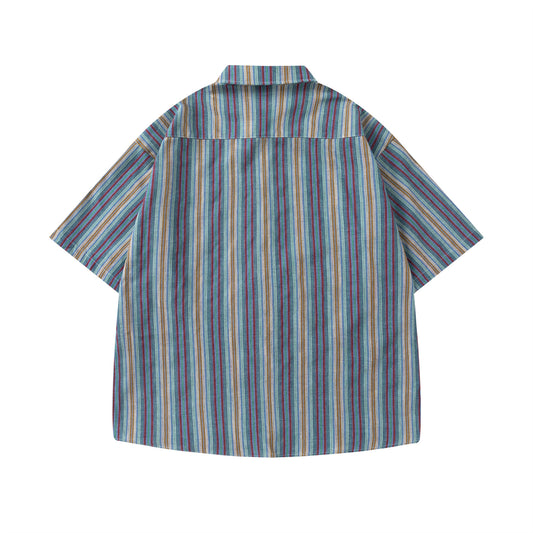 Retro Colorful Striped Short-Sleeved Shirt for Men and Women
