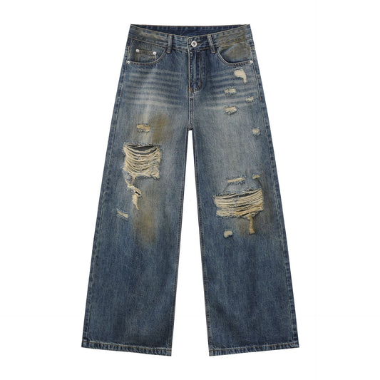 American Retro Distressed Design Floor-Length Denim Trousers for Men - Washed Loose Straight Leg Wide-Leg Pants