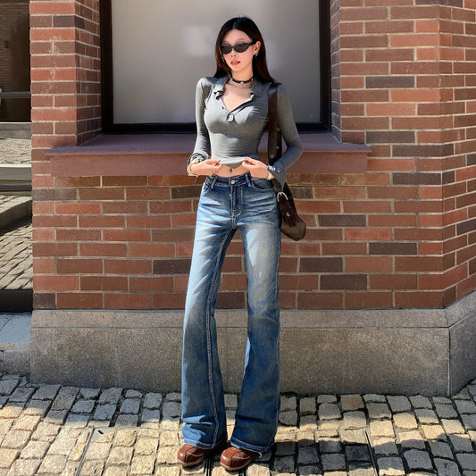 Skinny Flare Jeans for Women - Low Waist Slim Fit Washed Frayed Bell Bottoms