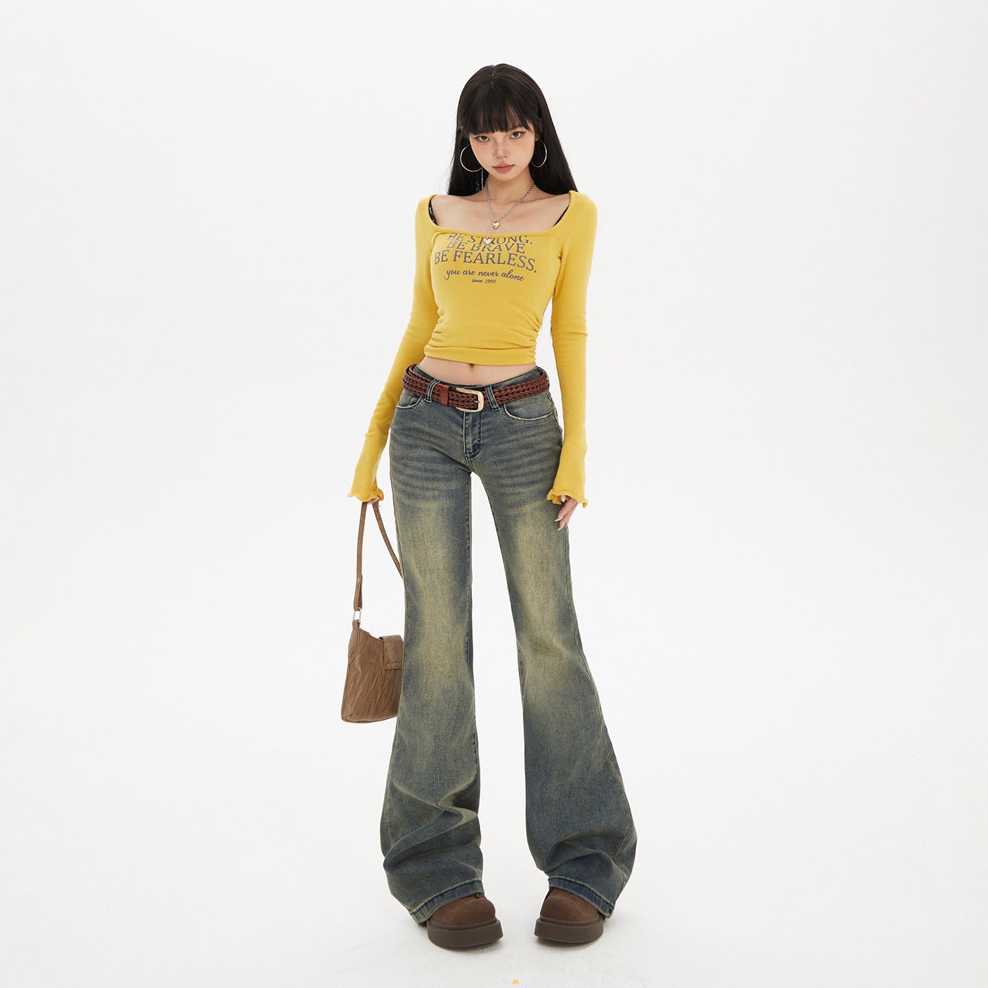 Flared Denim Pants for Women - Low Waist Slim Wide Leg Elastic Floor-Length Trousers