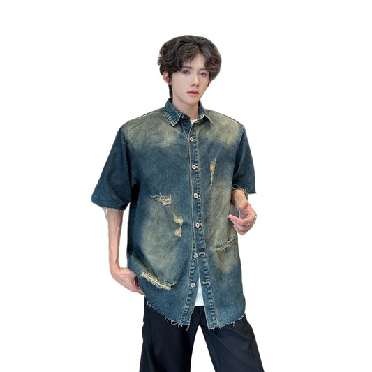Short-Sleeved Ripped Denim Jacket with Shoulder Pads