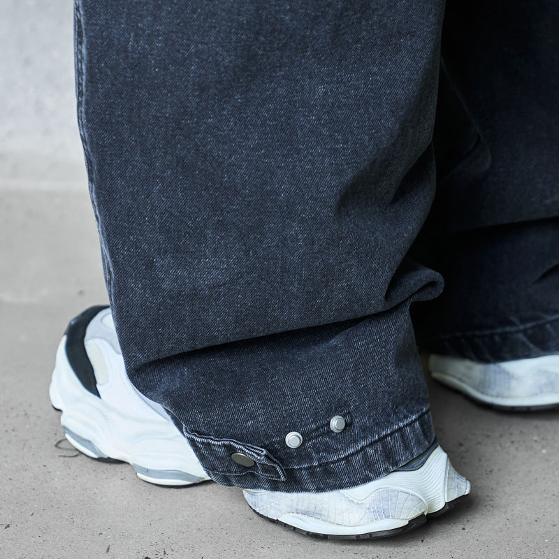 Retro Washed Deconstructed Knife-Edge Denim Pants - Unisex Black Wide Leg Pants