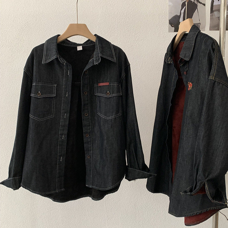 Warm Thickened Loose Mid-Length Open-Front Denim Jacket with Turn-Down Collar and Fleece Lining for Women