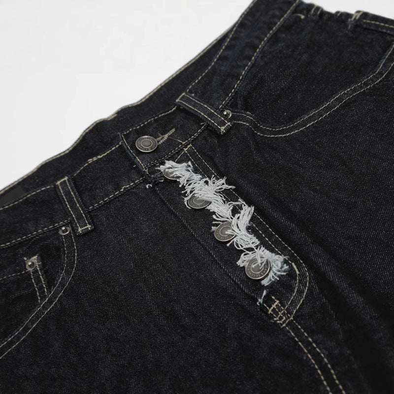 Japanese Premium Distressed Denim Long Pants with Snap Buttons