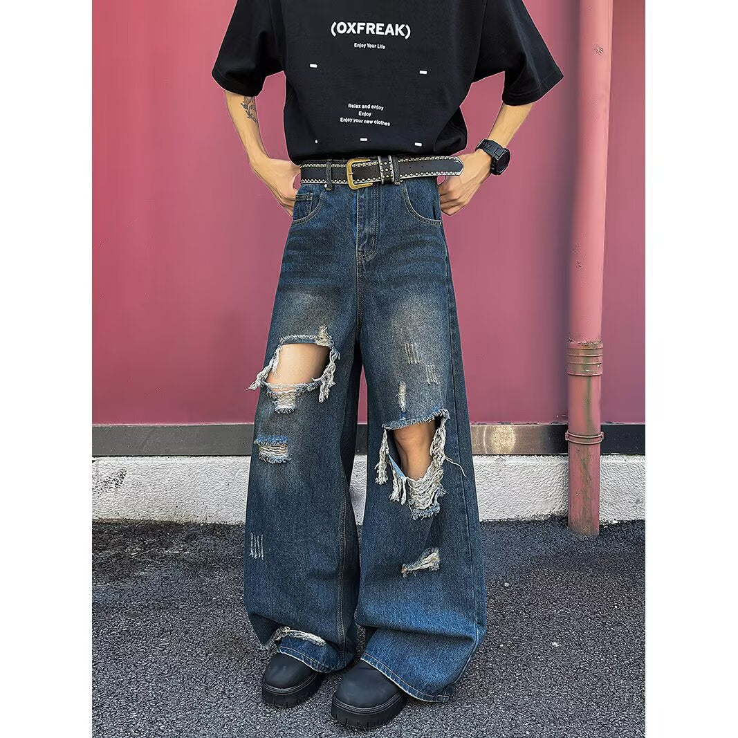 Pierced Floor Mopping Denim Distressed Straight Leg Wide Leg Pants