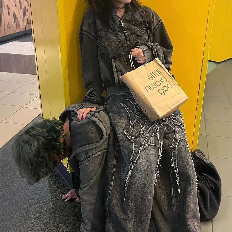 Denim Pants with Dark Line Design -  Wide Leg Trousers