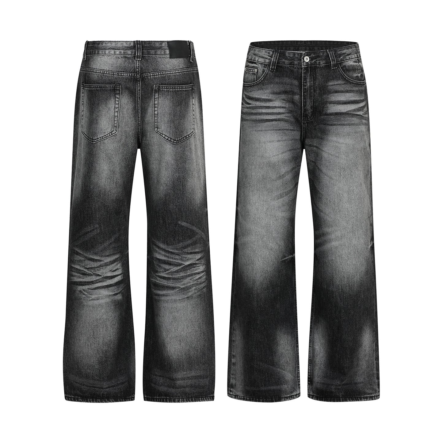 Retro  Cat Whisker Pattern Loose Fit Men's Washed Black Flare Jeans