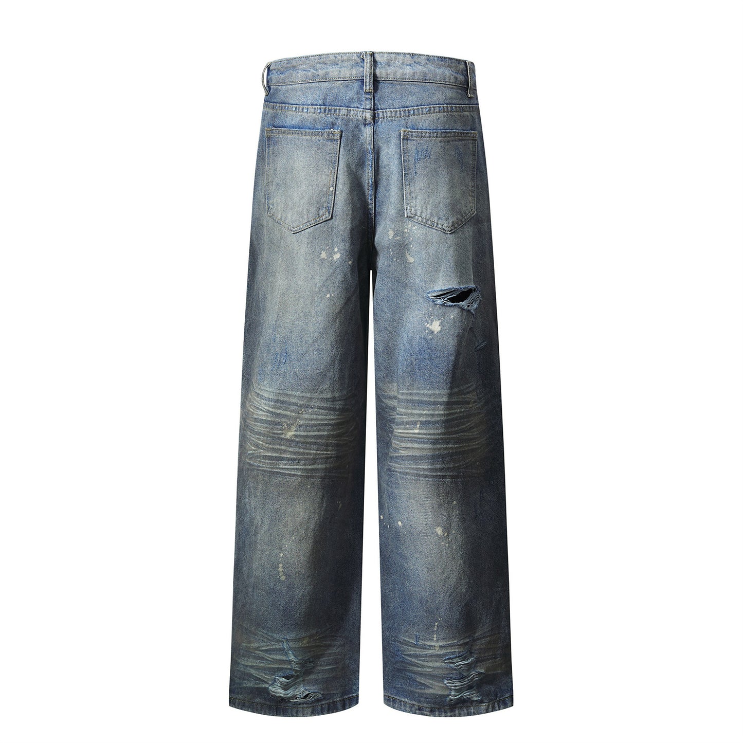 Washed Distressed Splatter Ink Denim Pants - Long Straight Leg Trousers