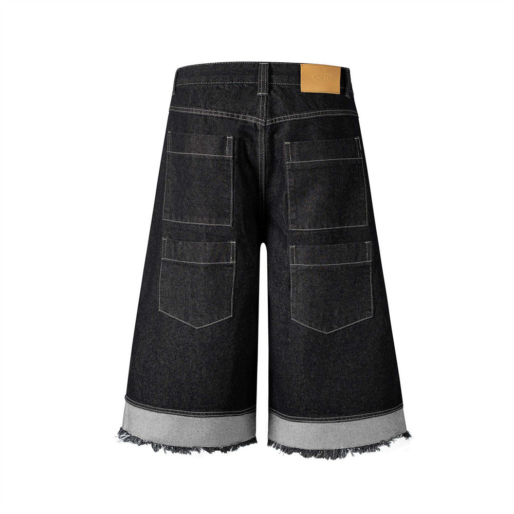 Men's Color Block A-Line Denim Shorts with Frayed Hem