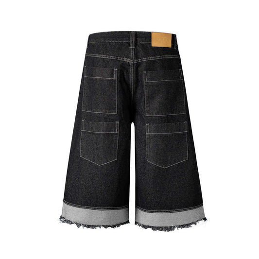 Men's Color Block A-Line Denim Shorts with Frayed Hem