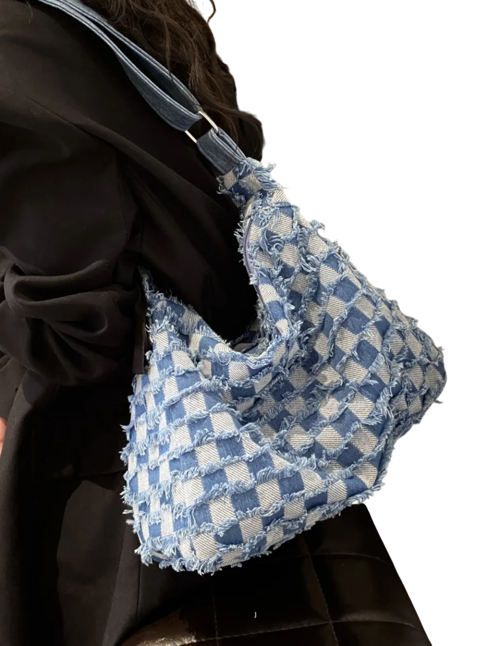 Japanese Denim Shoulder Bag with Raw Hem