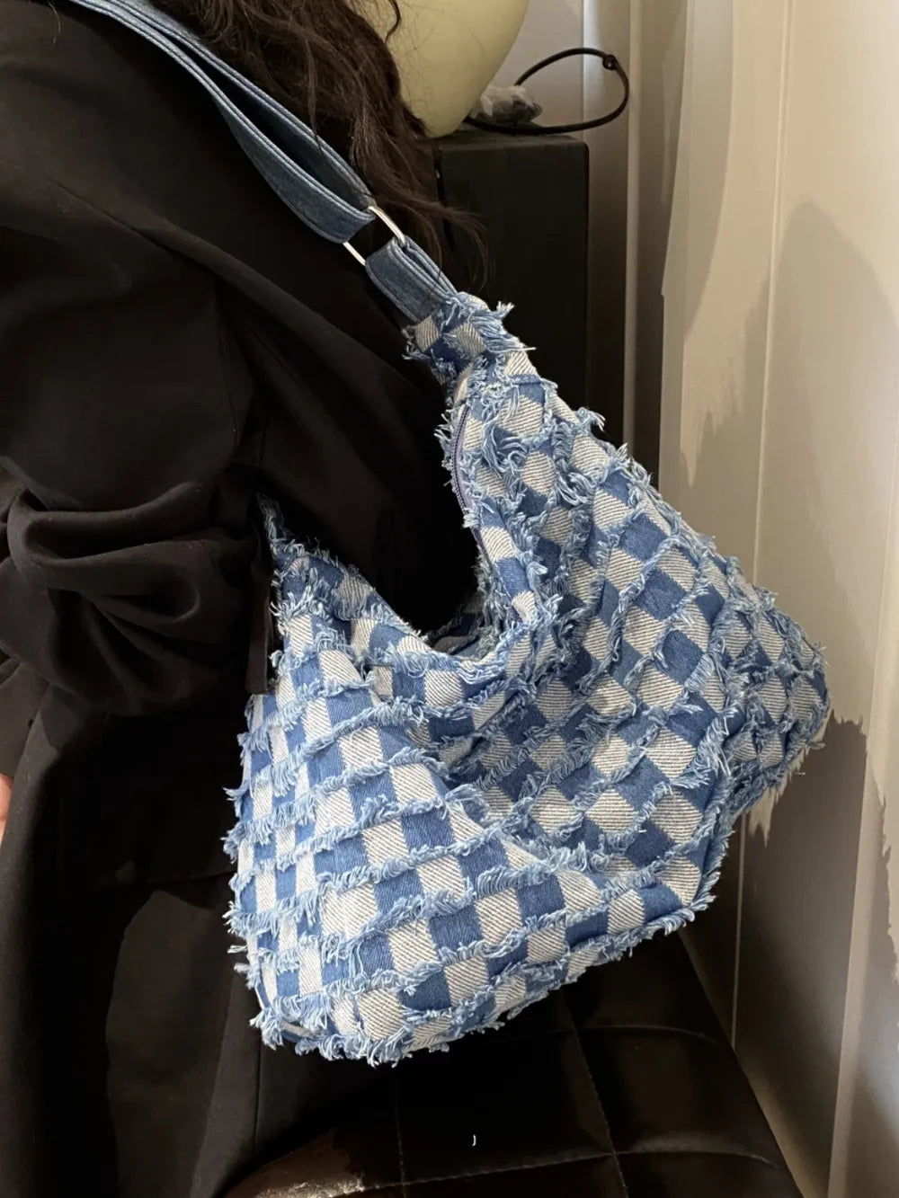 Japanese Denim Shoulder Bag with Raw Hem