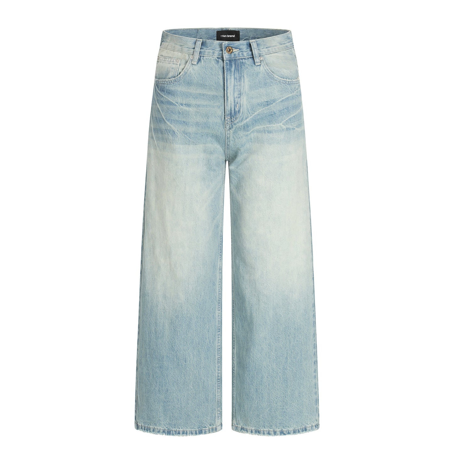 Blue Washed Faded Loose Fit Wide Leg Straight Casual Trousers