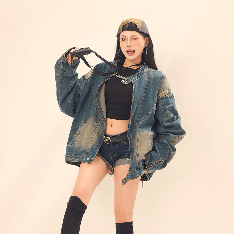 Washed Tie-Dye Stand-Up Collar Denim Jacket