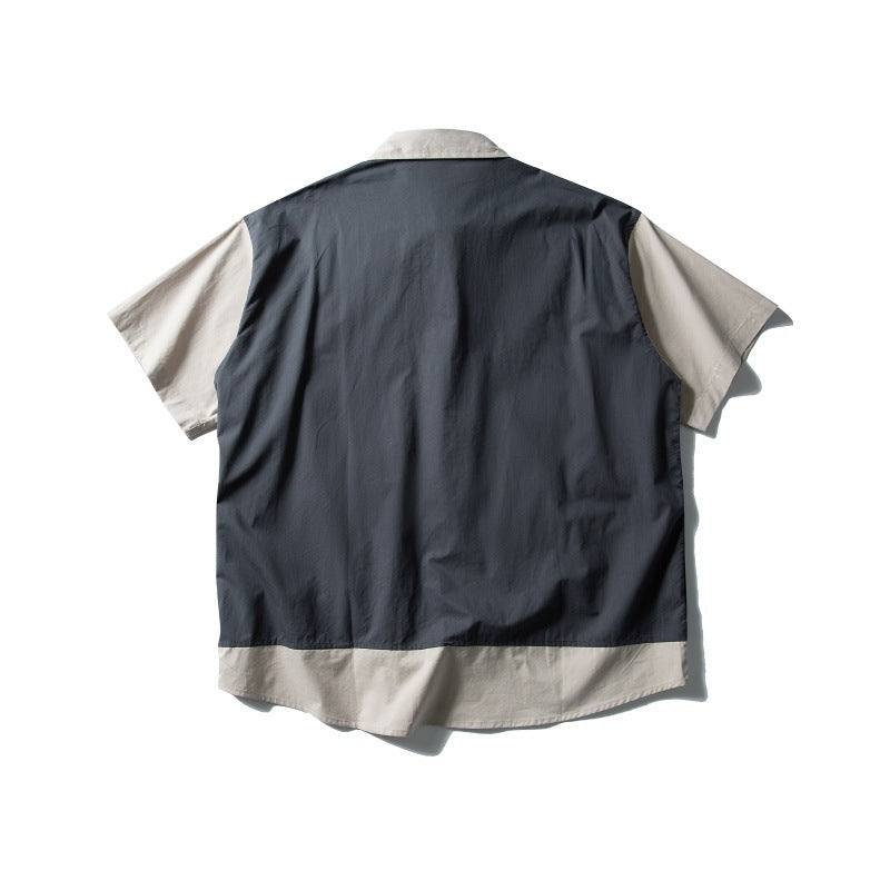 Retro Contrasting Color Splicing Fake Two-Piece Design Loose Workwear Shirt for Men